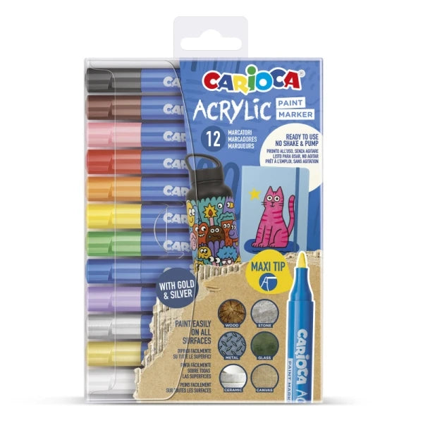 Rotuladores Acrílicos Carioca Pack 12 – Punta Maxi, Multisuperficie