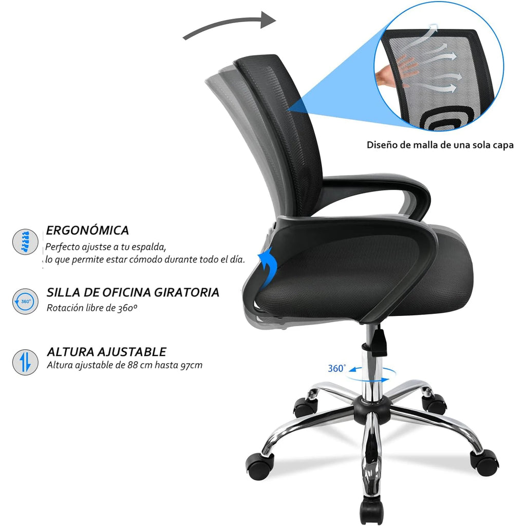 Silla Ergonómica de Oficina T-lovendo – Ruedas, Soporte Lumbar, Altura Ajustable