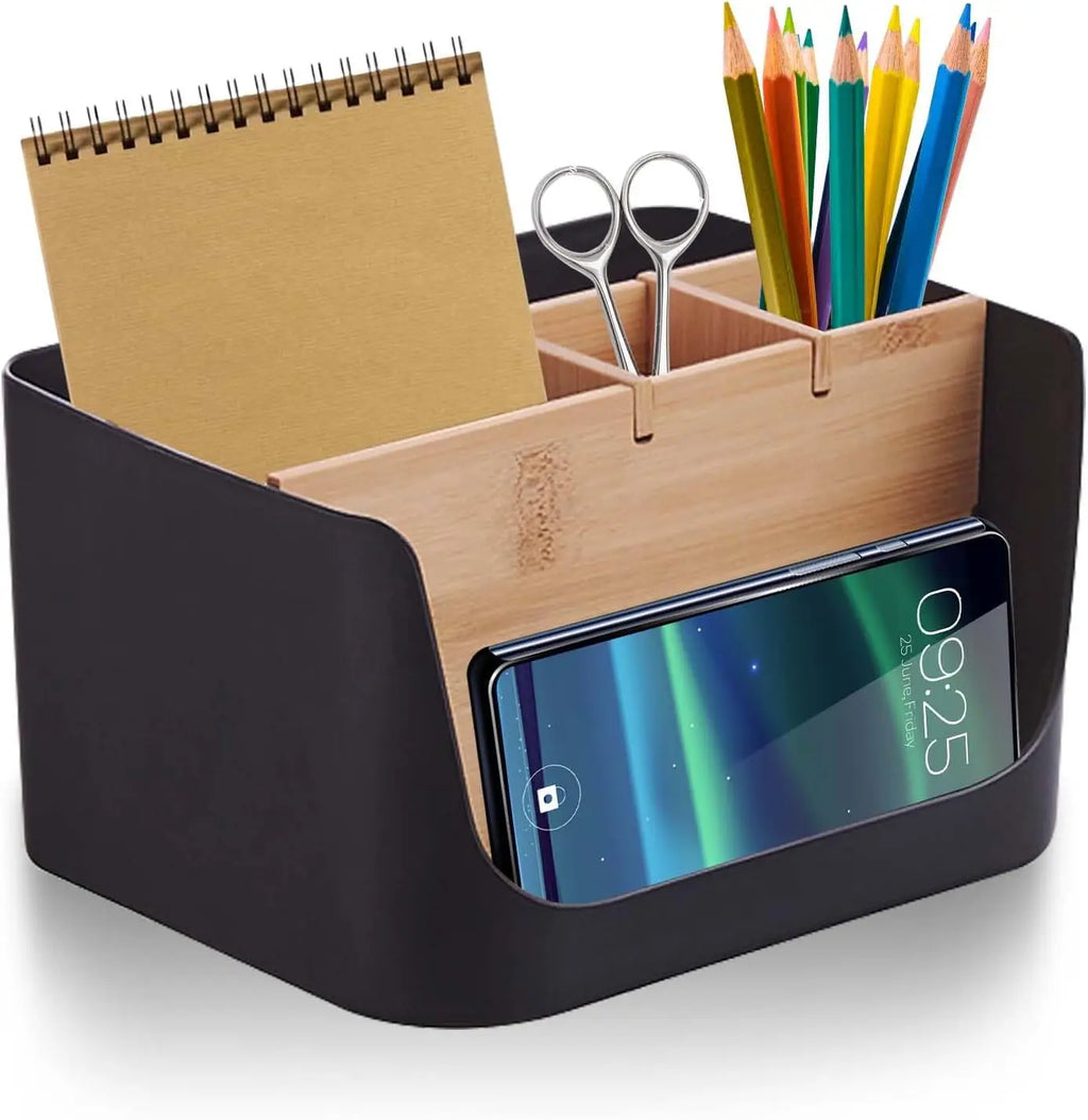 Organizador de Escritorio Bambú Negro – 5 Compartimentos con Portalápices