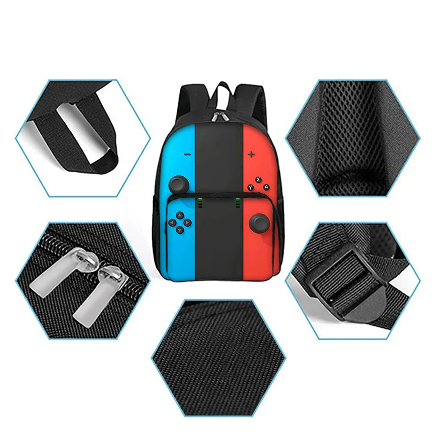 Mochila Escolar GamePad – Bolsillo Frontal Cuadrado, Diseño Gamer para Niños