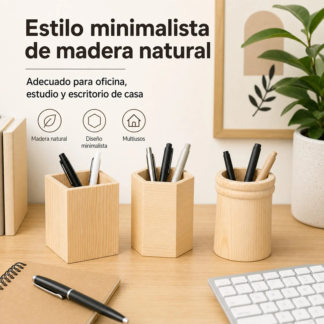 Portalápices de Madera de Pino – Organizador Minimalista Geométrico para Escritorio