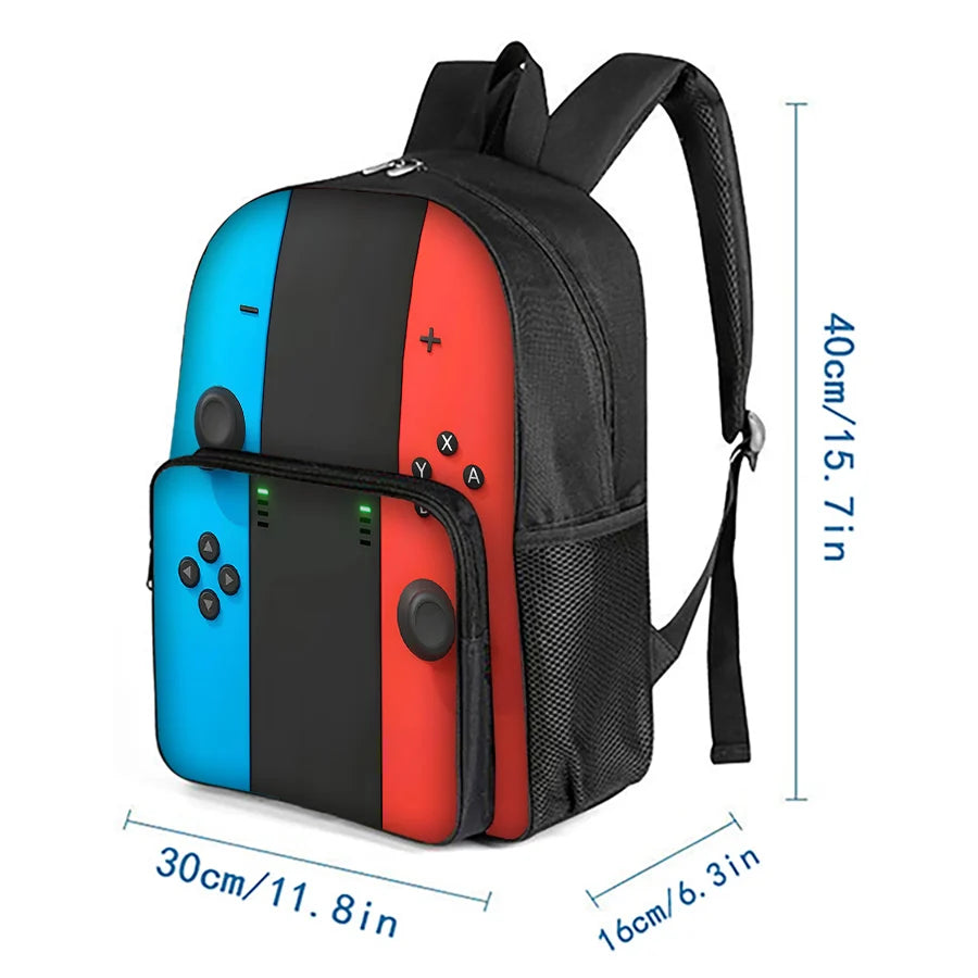 Mochila Escolar GamePad – Bolsillo Frontal Cuadrado, Diseño Gamer para Niños