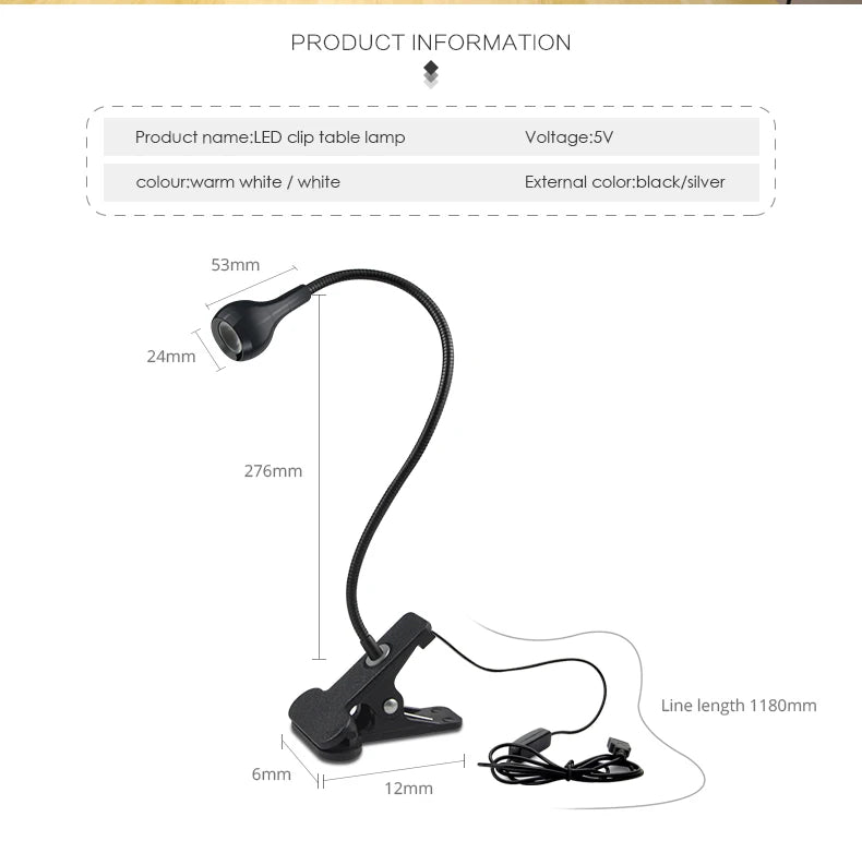 Lámpara de Escritorio Flexible con Pinza – USB, 360°, Luz de Lectura Clip-On