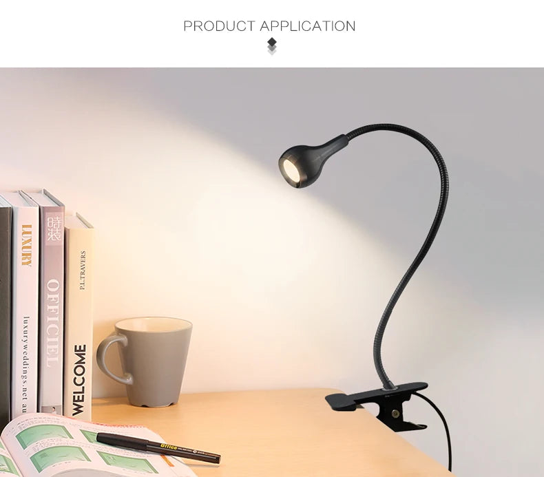 Lámpara de Escritorio Flexible con Pinza – USB, 360°, Luz de Lectura Clip-On