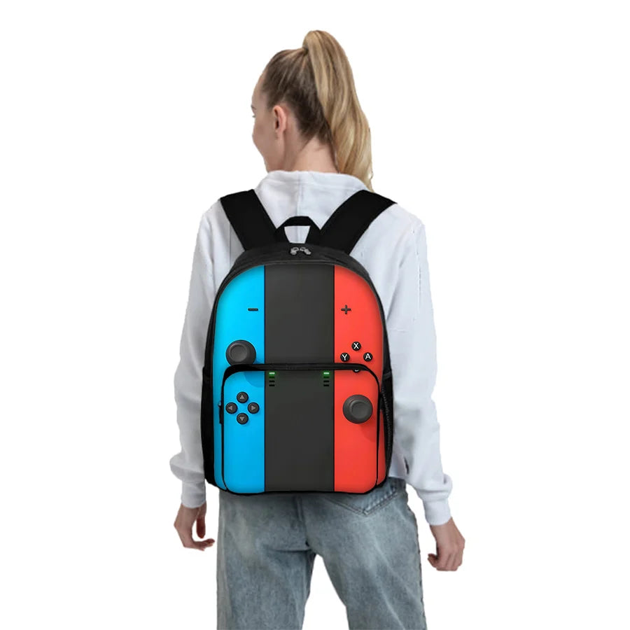 Mochila Escolar GamePad – Bolsillo Frontal Cuadrado, Diseño Gamer para Niños