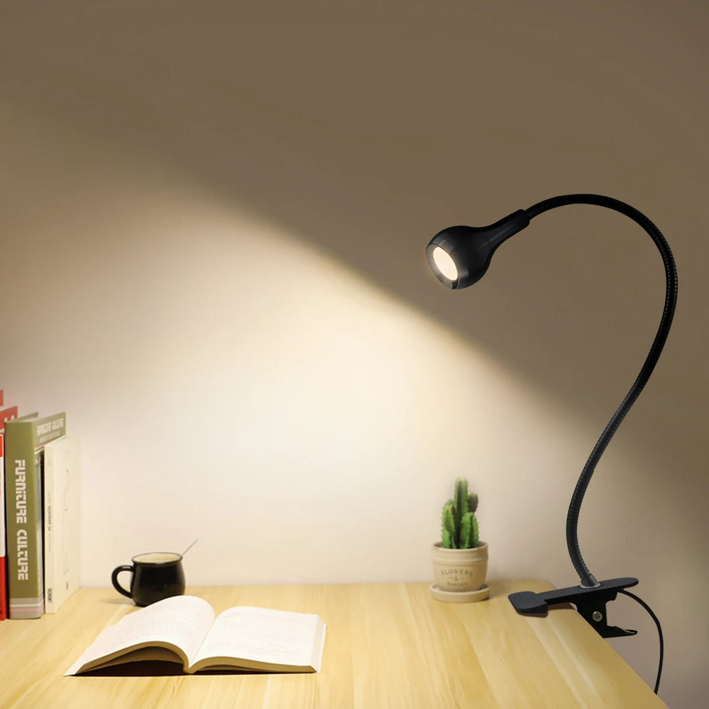Lámpara de Escritorio Flexible con Pinza – USB, 360°, Luz de Lectura Clip-On