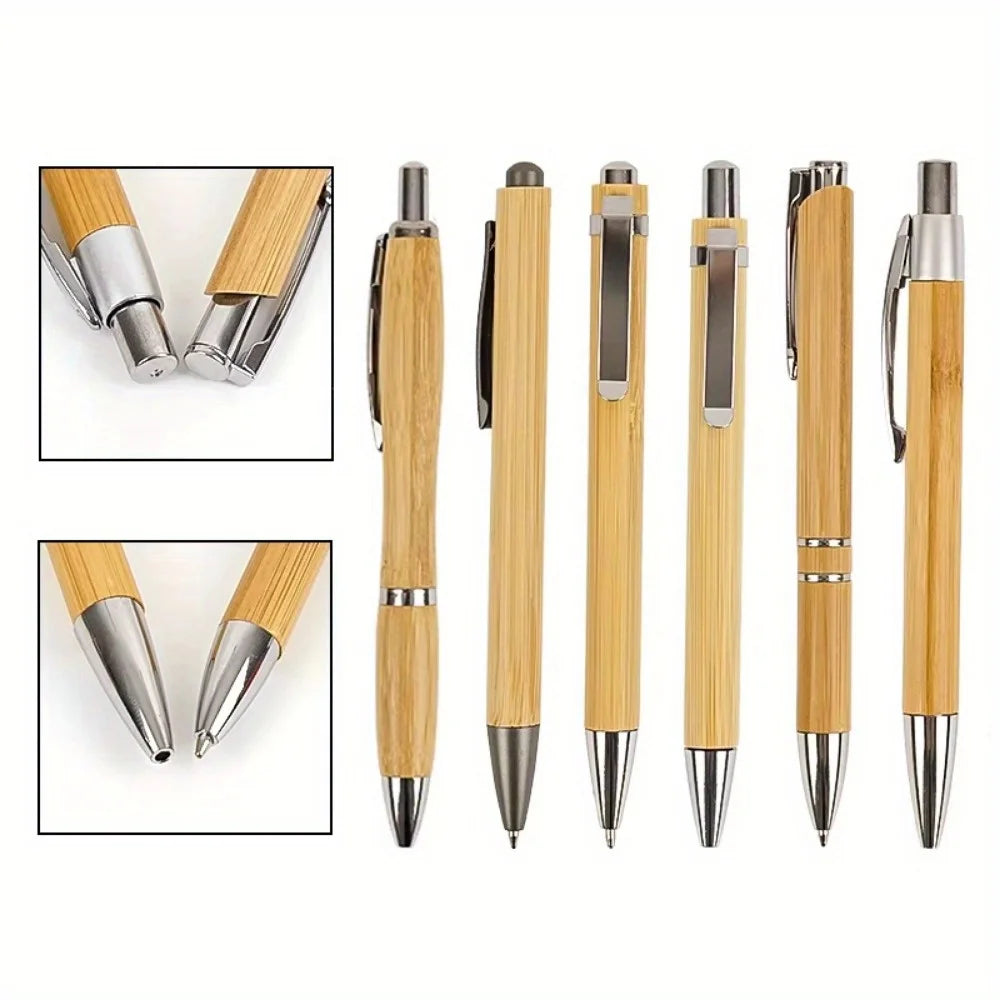 Set 6 Bolígrafos de Bambú Ecológicos – Retráctiles, Recargables para Oficina