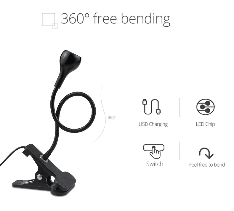 Lámpara de Escritorio Flexible con Pinza – USB, 360°, Luz de Lectura Clip-On